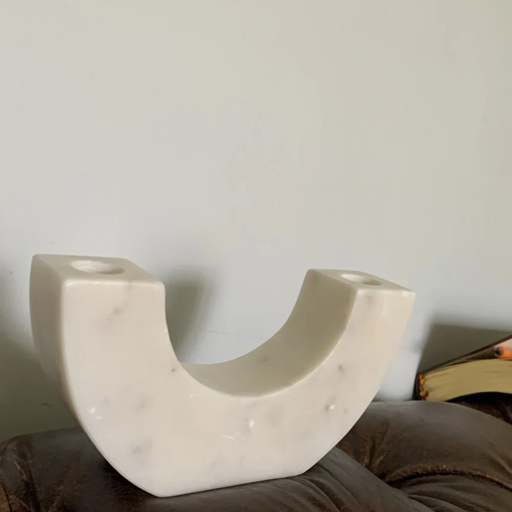 NWT*Threshold Marble taper‎ candle holder short*White